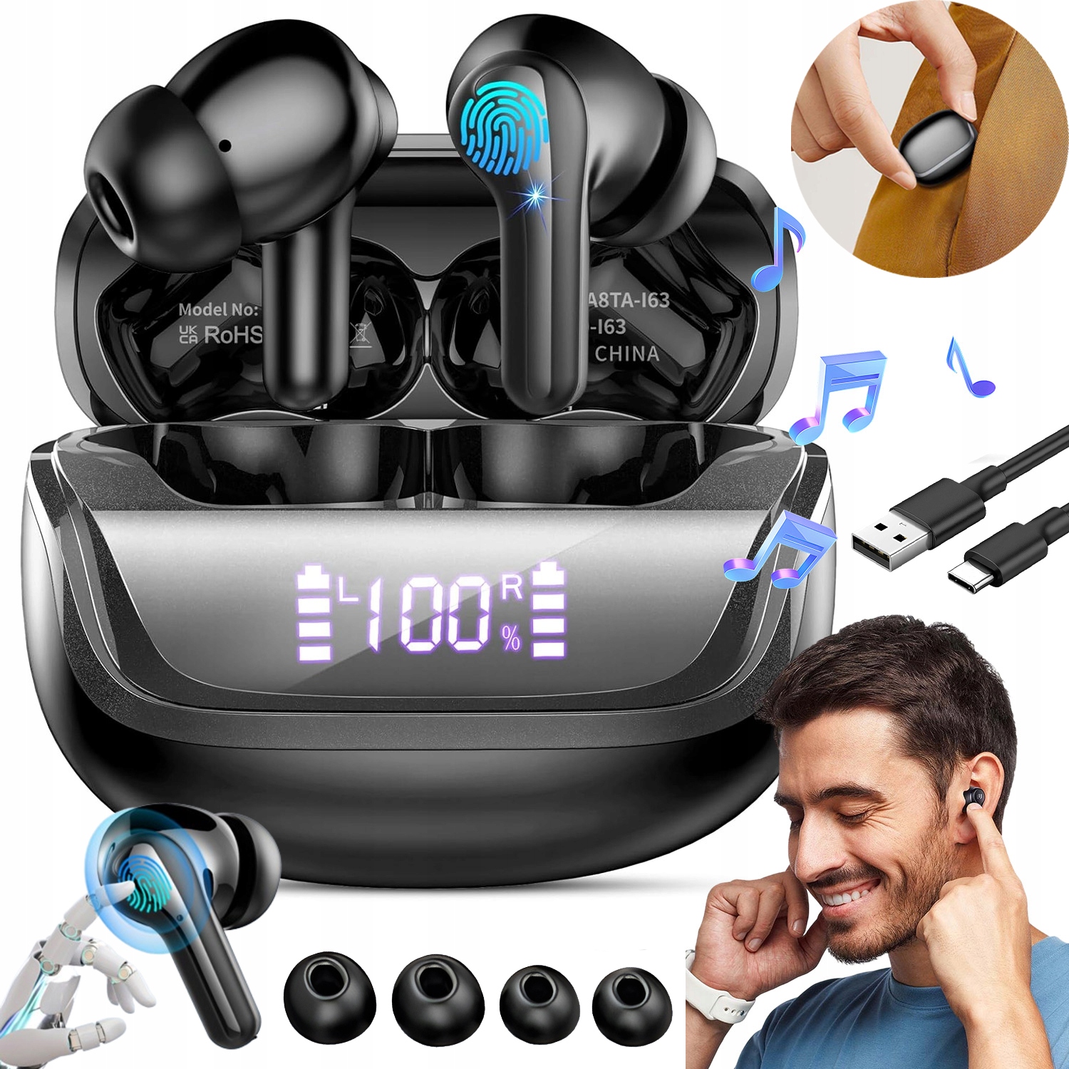 Sluchátka Bluetooth 5.4 Pro Kanálové Sportovní Hovory S Led