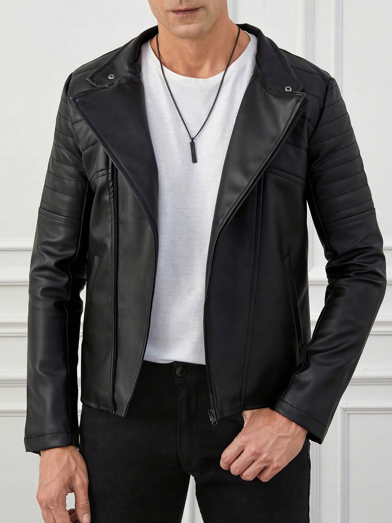 Pánská Bunda Biker Eko Kůže Černá Casual Shein M