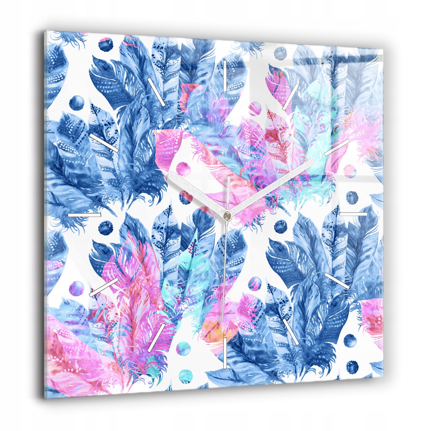 Čtvercové skleněné nástěnné hodiny do kanceláře s barevným vzorem a peřím 60 x 60 cm