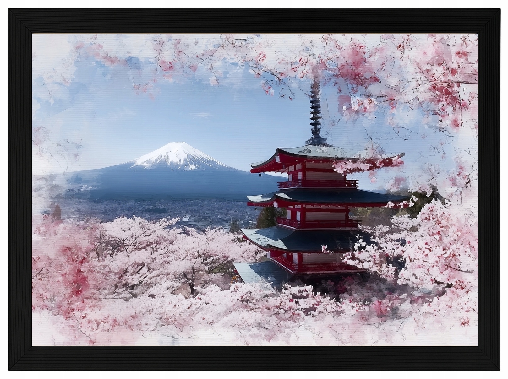 Plakát Rámeček Dřevo Japonsko Hora Fuji Pagoda Sakura Květ Višeň 100x70
