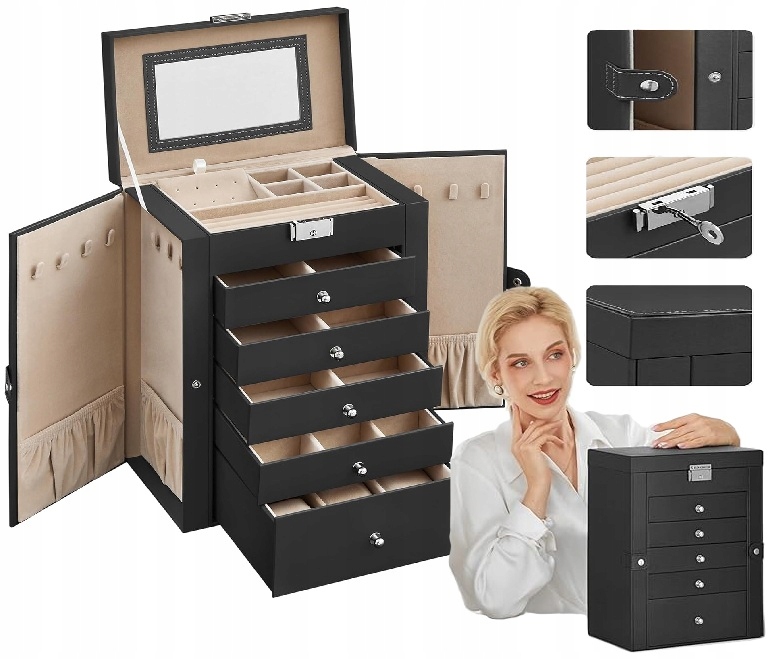 Škatuľka Kufrík Na Šperky So Zrkadlom Organizér 6 Úrovní Čierna