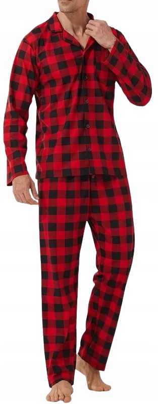 Teplé Flanelové Pyžamo Červená Mřížka Dřevorubec Pánské Rozepínací Pyžamo M