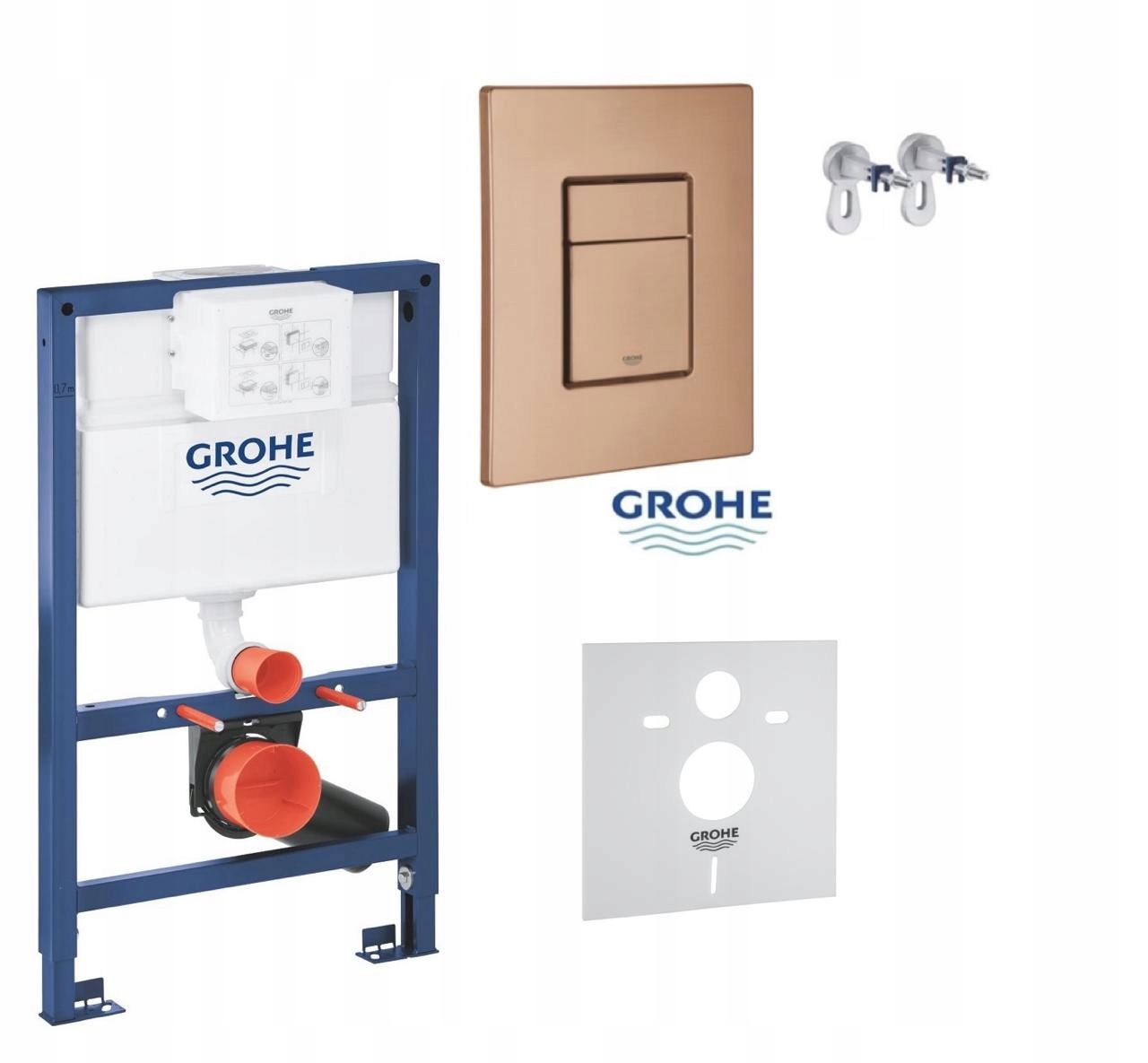 5v1 Podomietkový Wc set, rošt Grohe 82 cm tlačidlo brúsená meď