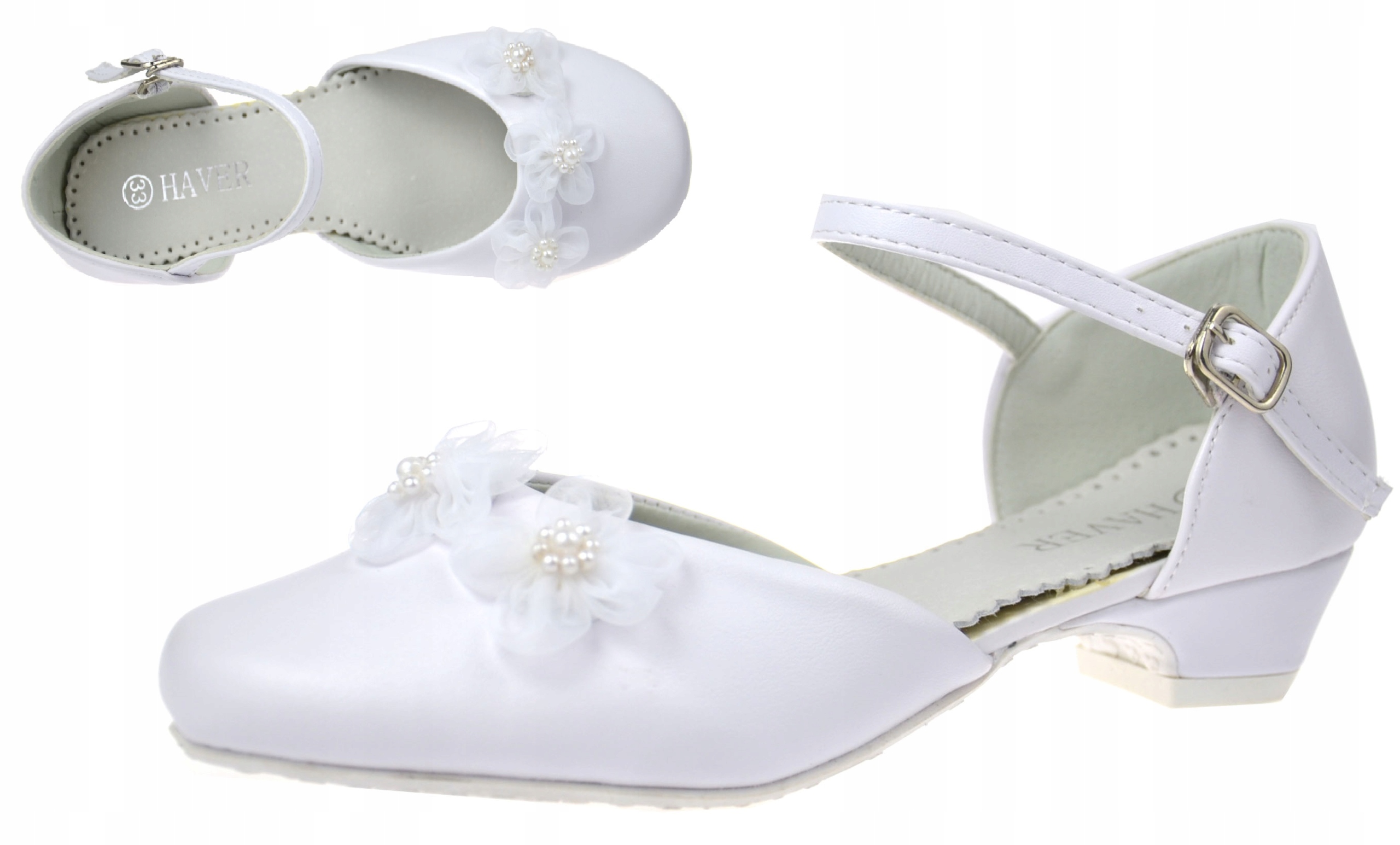 PANTOFELKI Komunijne Mały obcas SKÓR TIUL BIAŁE 36