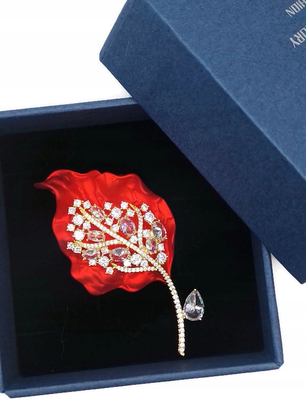 Luxusní Brož Přívěsek List Červený Zlatý 14K Gp Krabička Jako Dárek