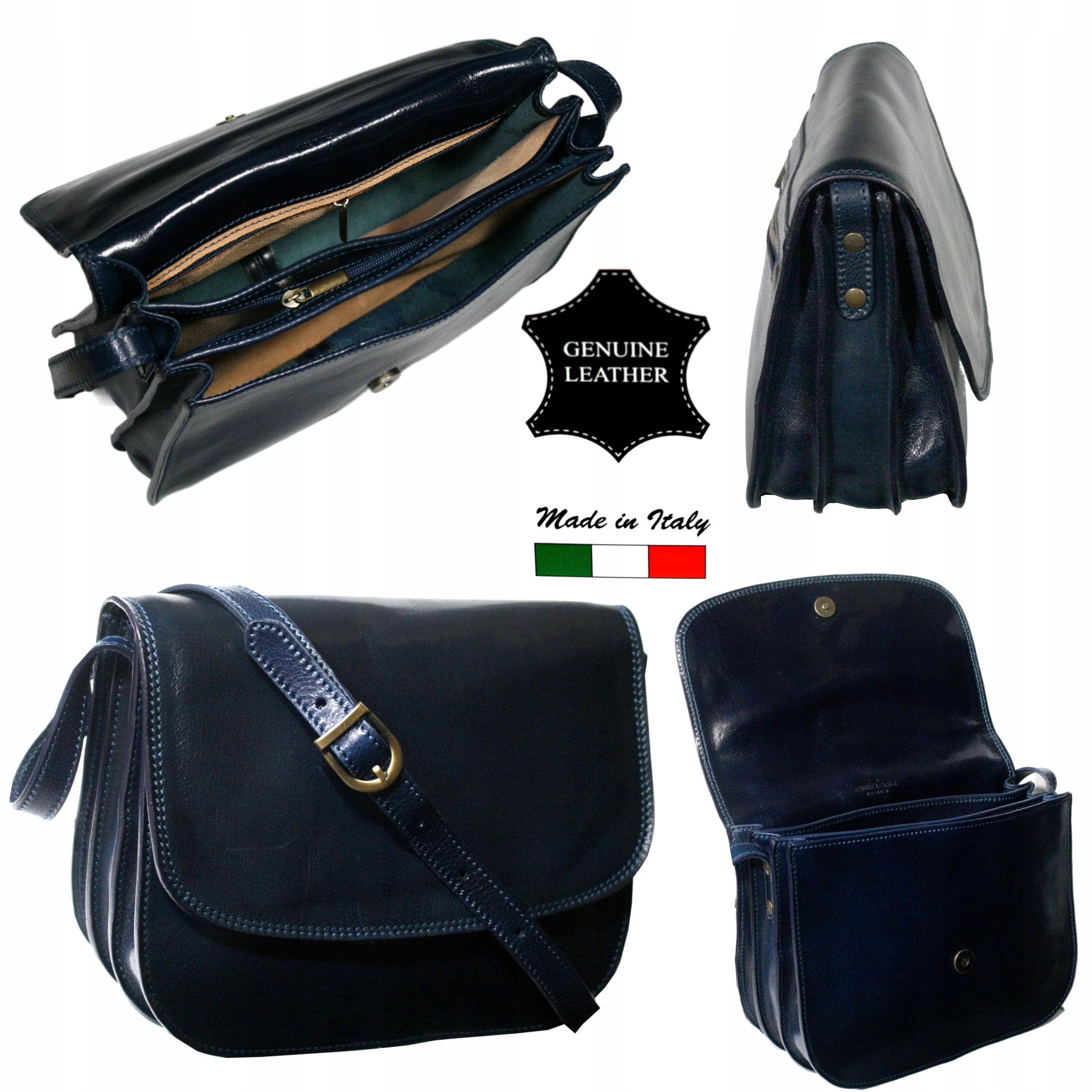 Dámská kožená kabelka malá italská kabelka přes rameno, tmavě modrá, vintage