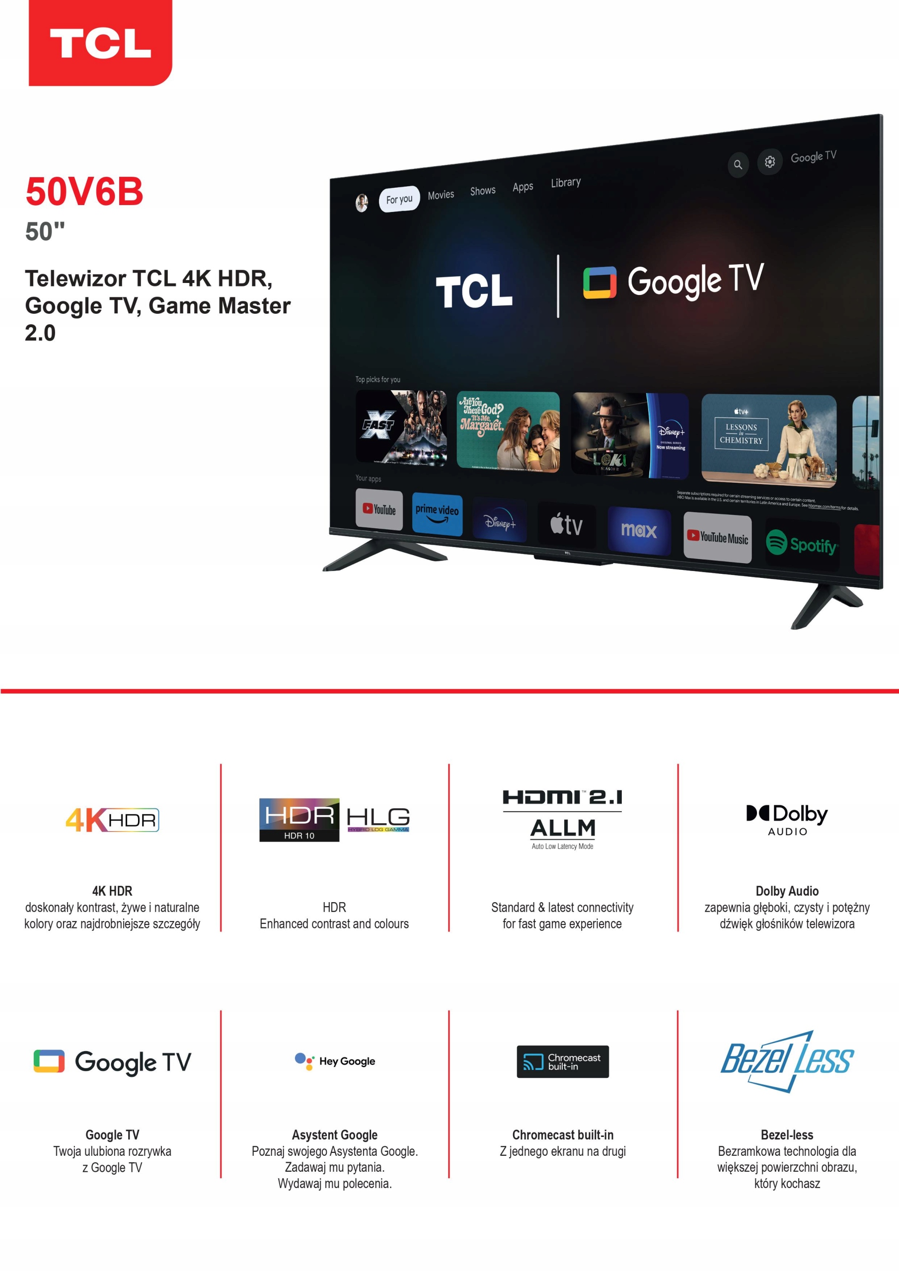 Telewizor TCL 50V6B 50" LED 4K Google TV HDMI 2.1 DVB-T2 Format HD 4K UHD
