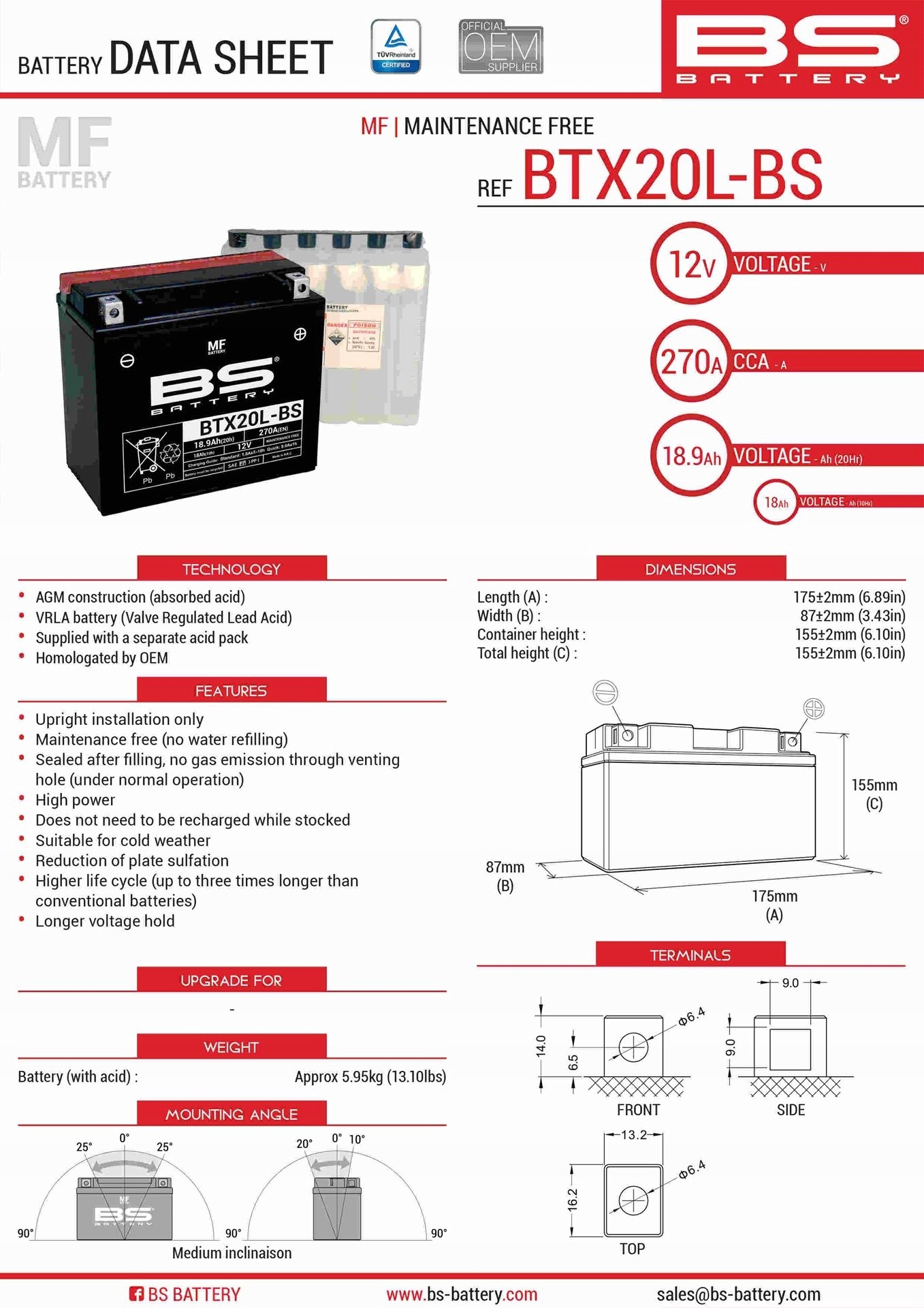 Bs Batéria BTX20L-BS (YTX20L-BS) 12V 18AH 175X86X154 Bezúdržbový Elek