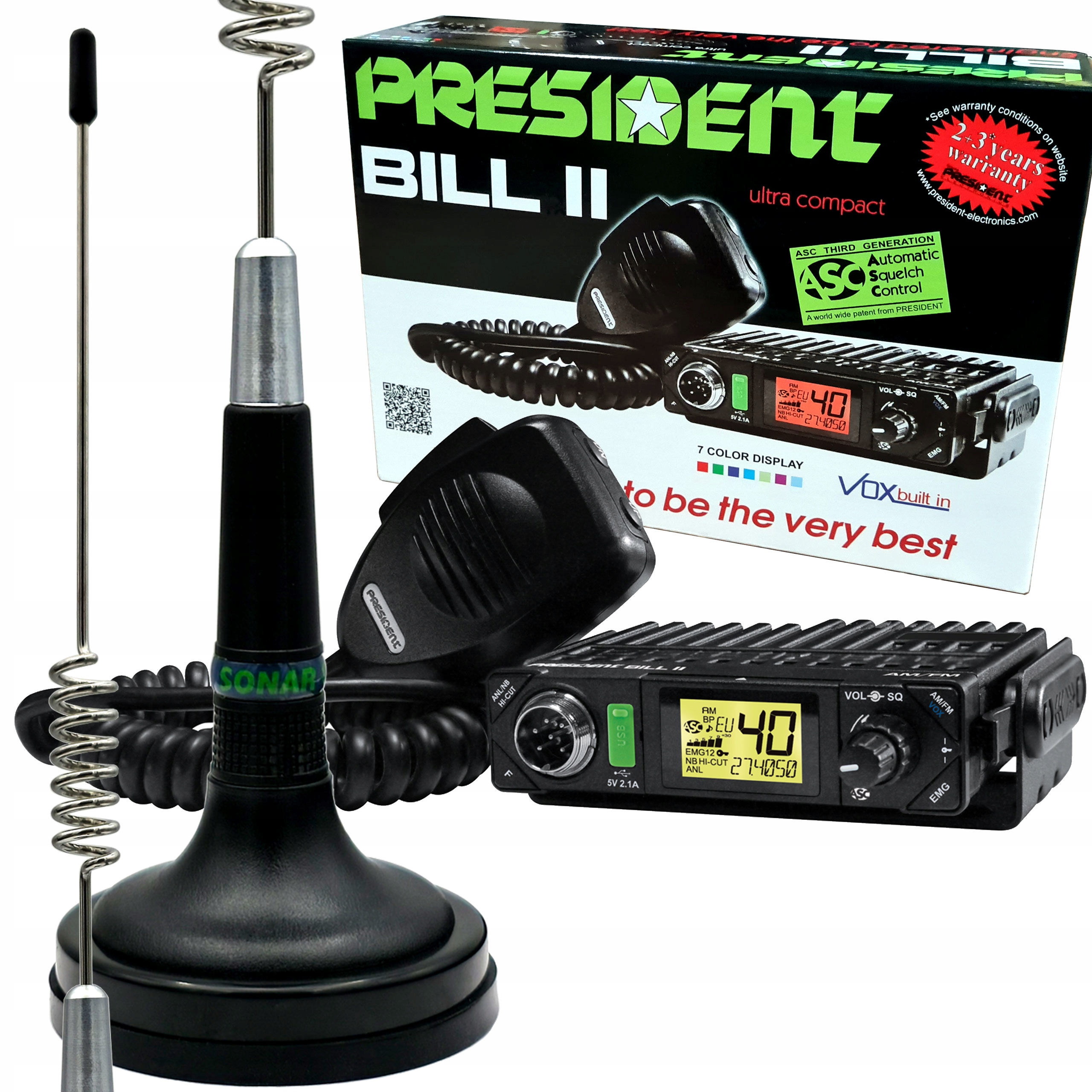RADIO CB PRESIDENT BILL II ASC VOX + wtyk 12V małe kompaktowe VOX USB