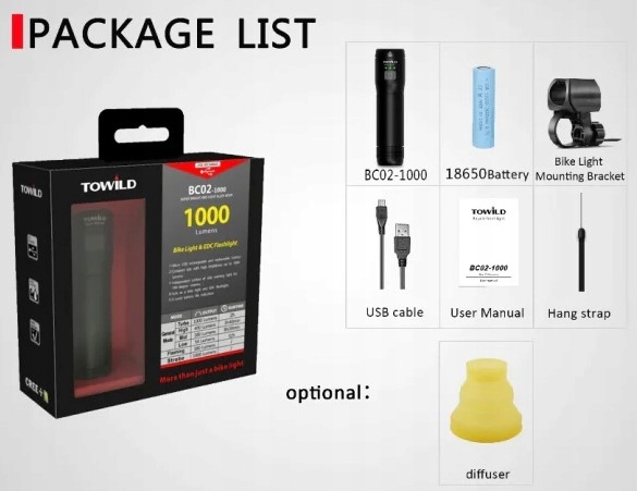 Lampka latarka rowerowa Towild BC02 700 lm powerbank wielofunkcyjna ALU Rodzaj przednie