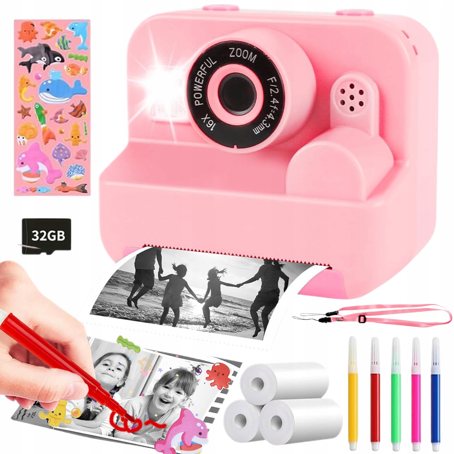 Aparat Cyfrowy Natchmiastowy Różowy Drukarką Dla Dzieci+kartą Pamięci 32 Gb