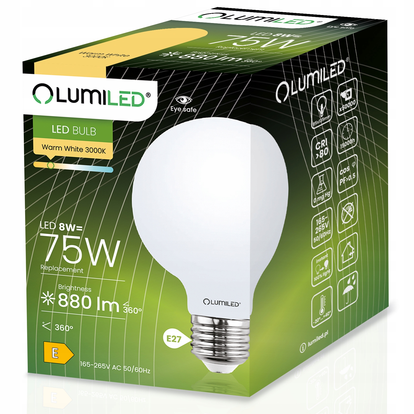 3x Żarówka LED E27 G95 8W Globe Mleczny LUMILED Kod producenta ozdobna duża kula