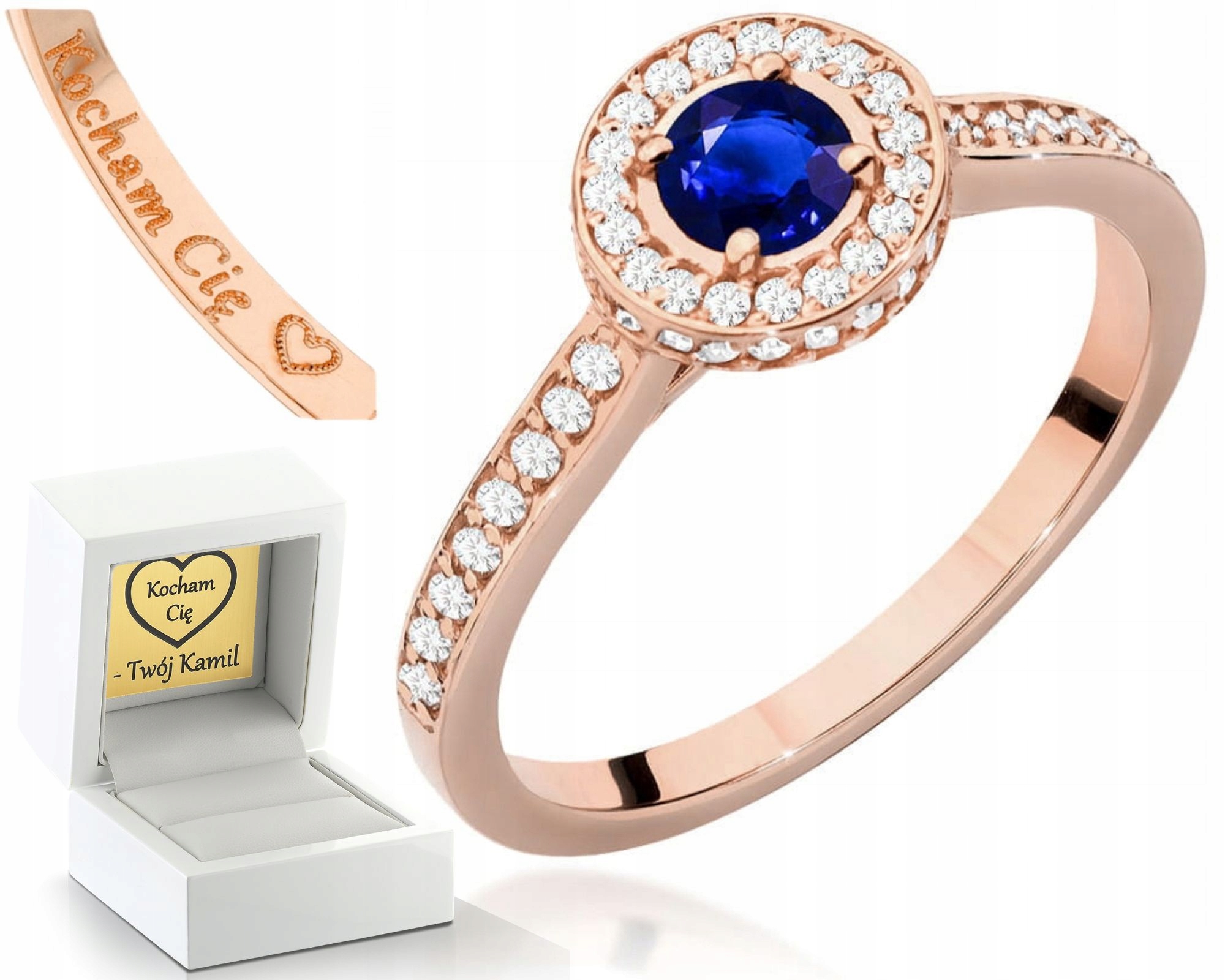 Prstýnek Se Safírem Růžové Zlato Brilianty Gravírování 585 Bonus Dárek