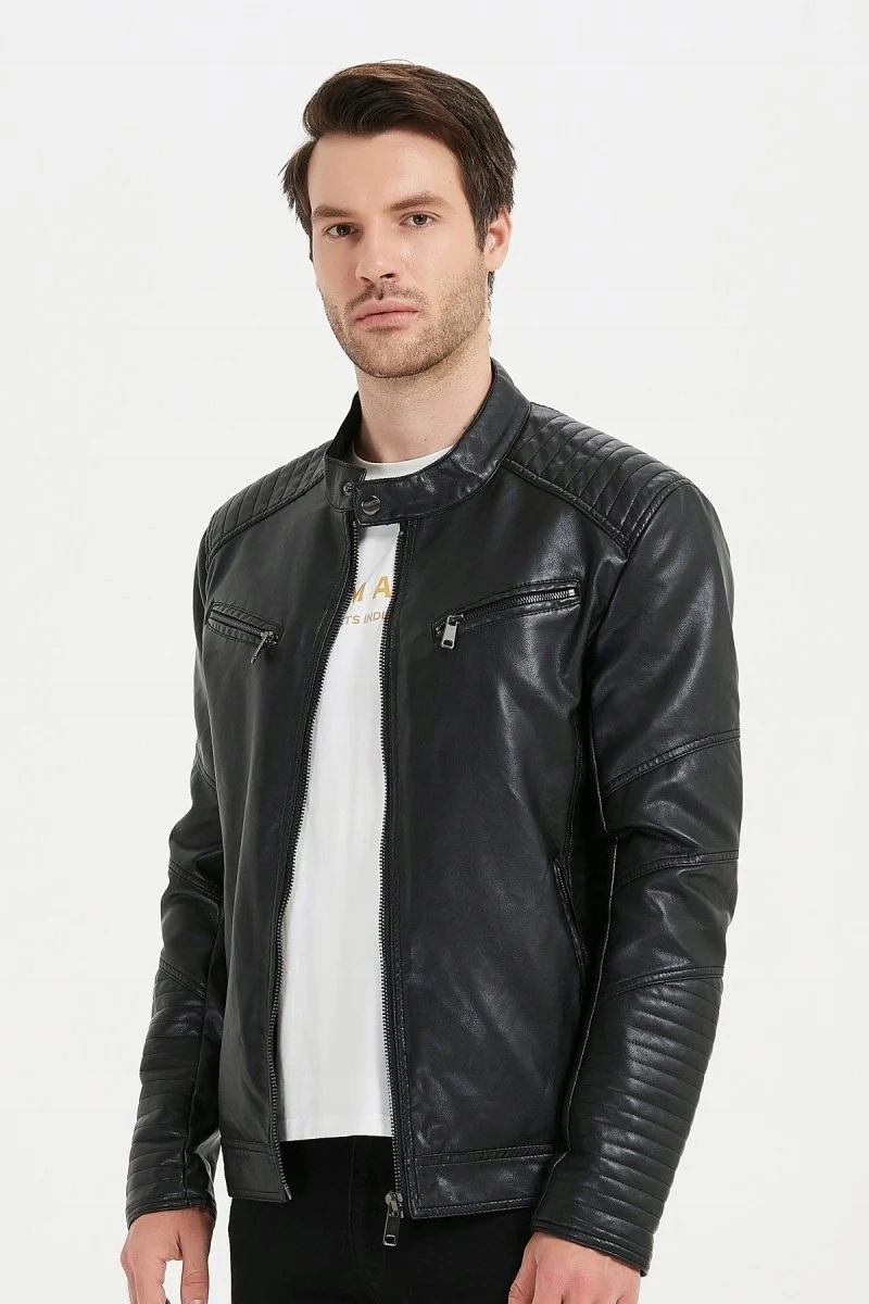 Pánská Kožená Bunda Černá Zateplená, Prošívaný Motorový Stojan, Zipy: S