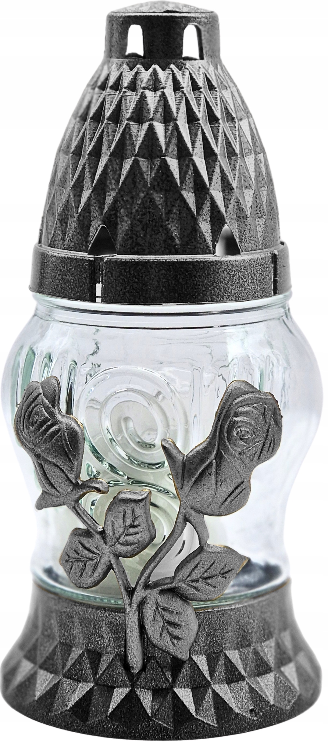 ZNICZ SZKLANY LAMPION LA 11 K APLIKACJA RÓŻA srebrny wysokość 14cm