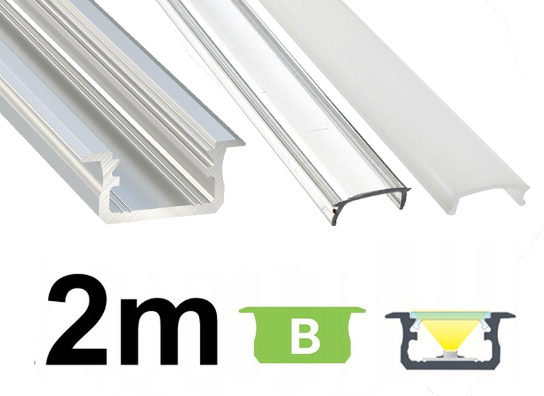 PROFIL ALUMINIOWY surowy wpuszczany typ B do taśm LED 2m + KLOSZ