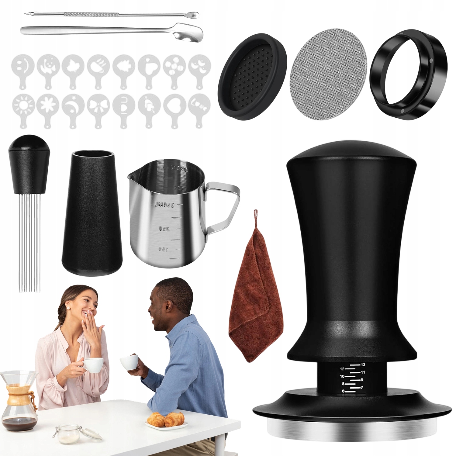 Levně Sada Na Espresso S Míchadlem, Lžící, Štětcem Na Latte Art A Hadříkem