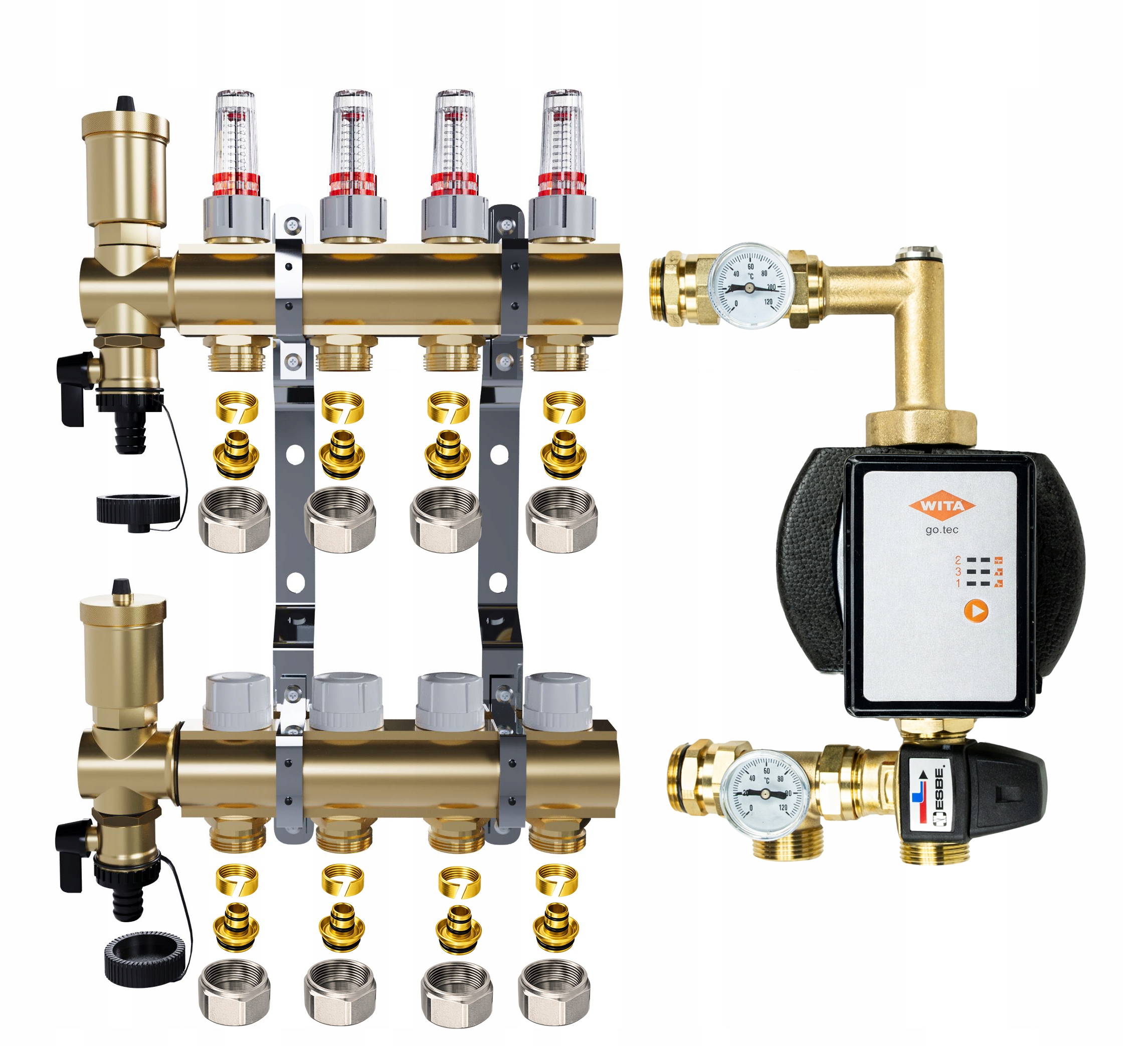 Rozdělovač pro podlahu 4 sekce pro vytápění Spojky Pex Čerpadlo Wita