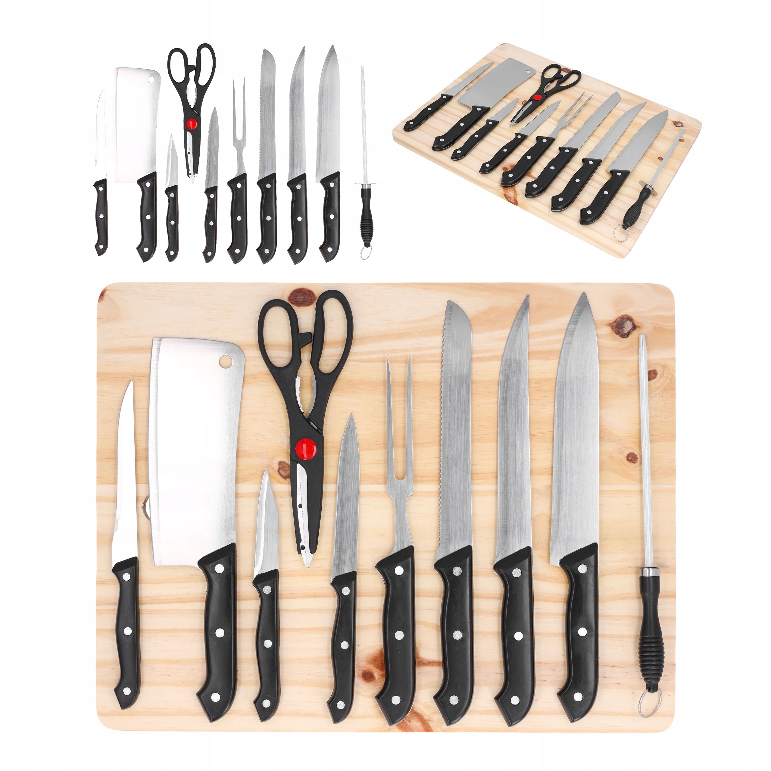 Sada Kuchyňských Nožů 11 ks v bloku s prkénkem na krájení sekáček a brousek