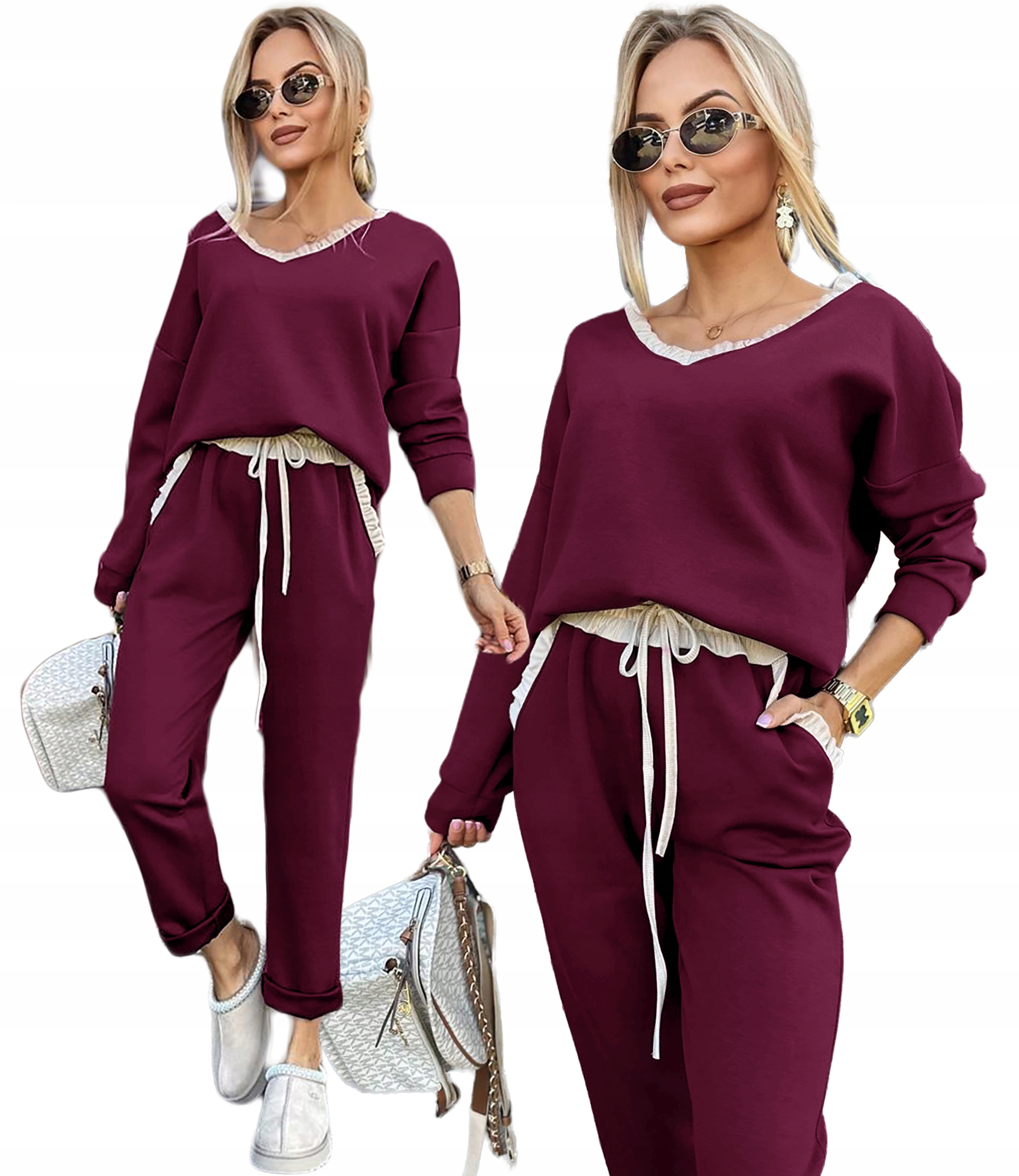 Bordowy dresowy Komplet damski z wiskozy Dres spodnie bluza Lussi