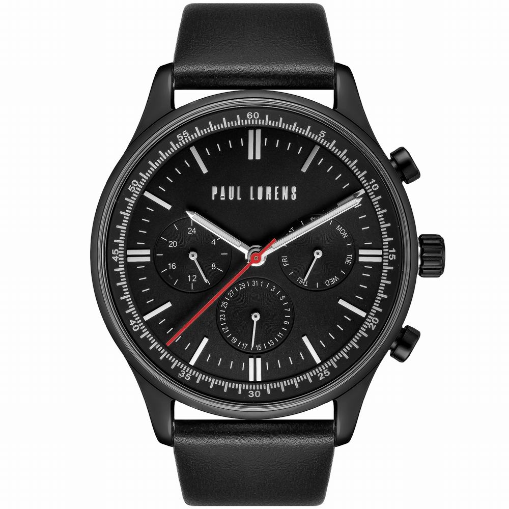 Pánské hodinky Paul Lorens křemenný ciferník černý, černý řemínek, 44 mm
