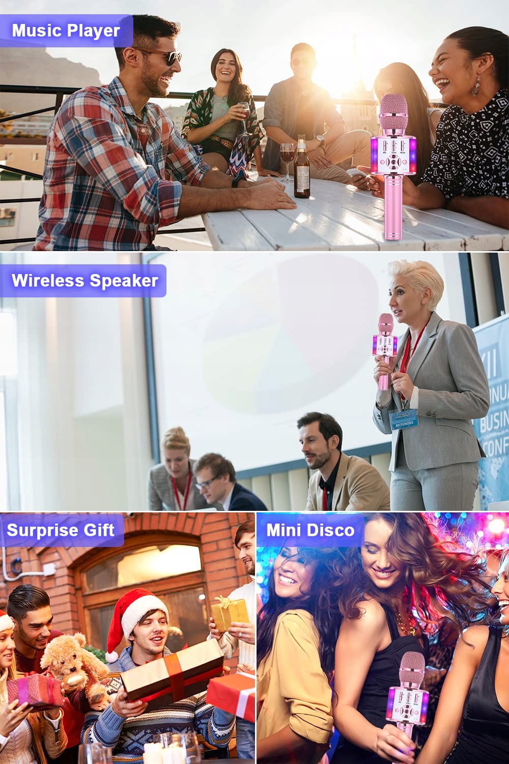 BONAOK Magiczny Mikrofon Karaoke Bluetooth Dla Dzieci i Dorosłych Różowy — miniatura 5