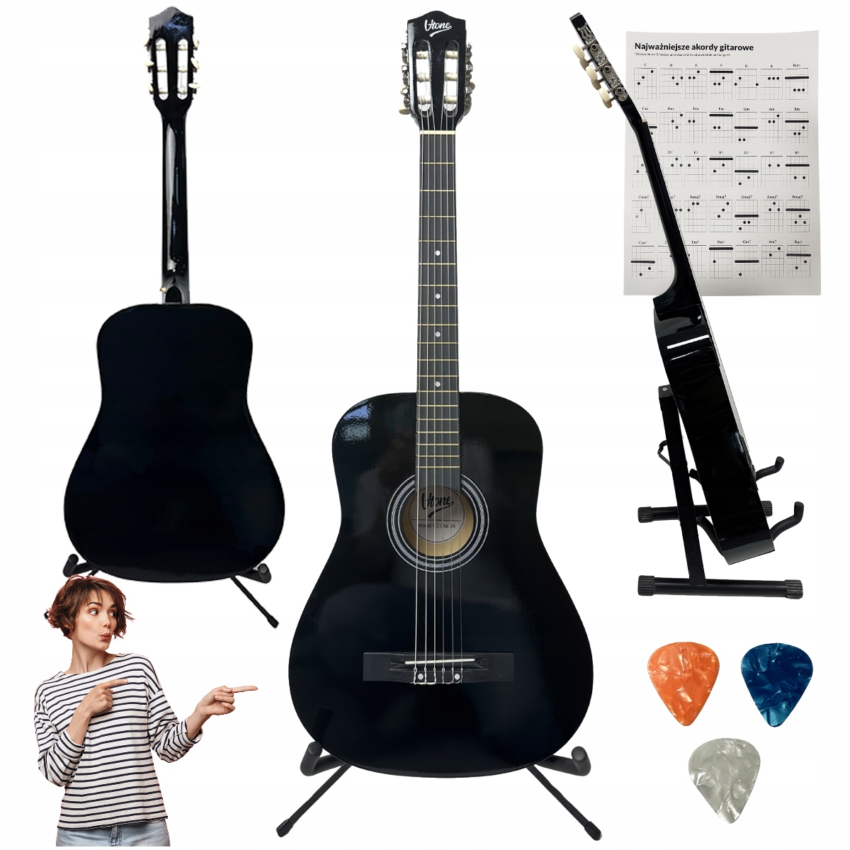 V-tone Bcg Bk Gitara Klasyczna 4/4 Czarna Zestaw Kostki Akordy