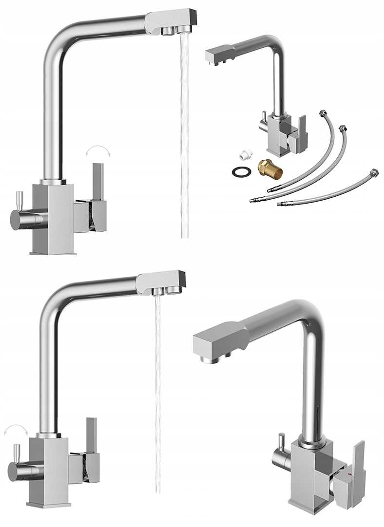 Kuchynská trojcestná batéria Node chróm pre vodný filter, kohútik, výtokový filter