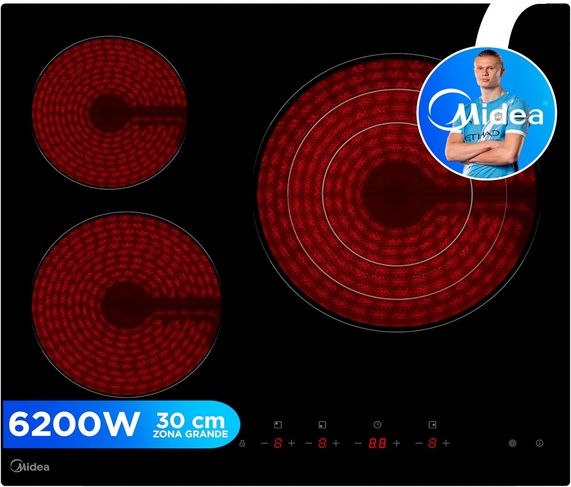 Midea Integrovaná vitrokeramická deska, 3 pole, 6200 W