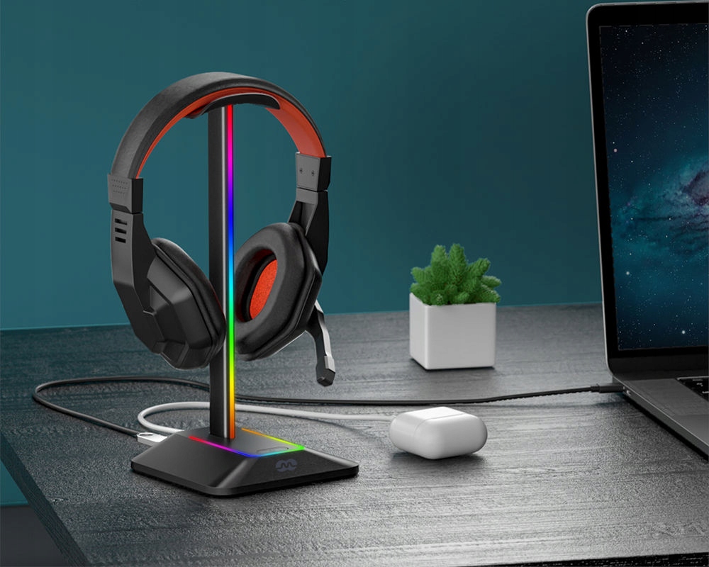 STOJAK STATYW NA SŁUCHAWKI GAMINGOWY PODŚWIETLENIE RGB LED HUB USB MOZOS Model D12