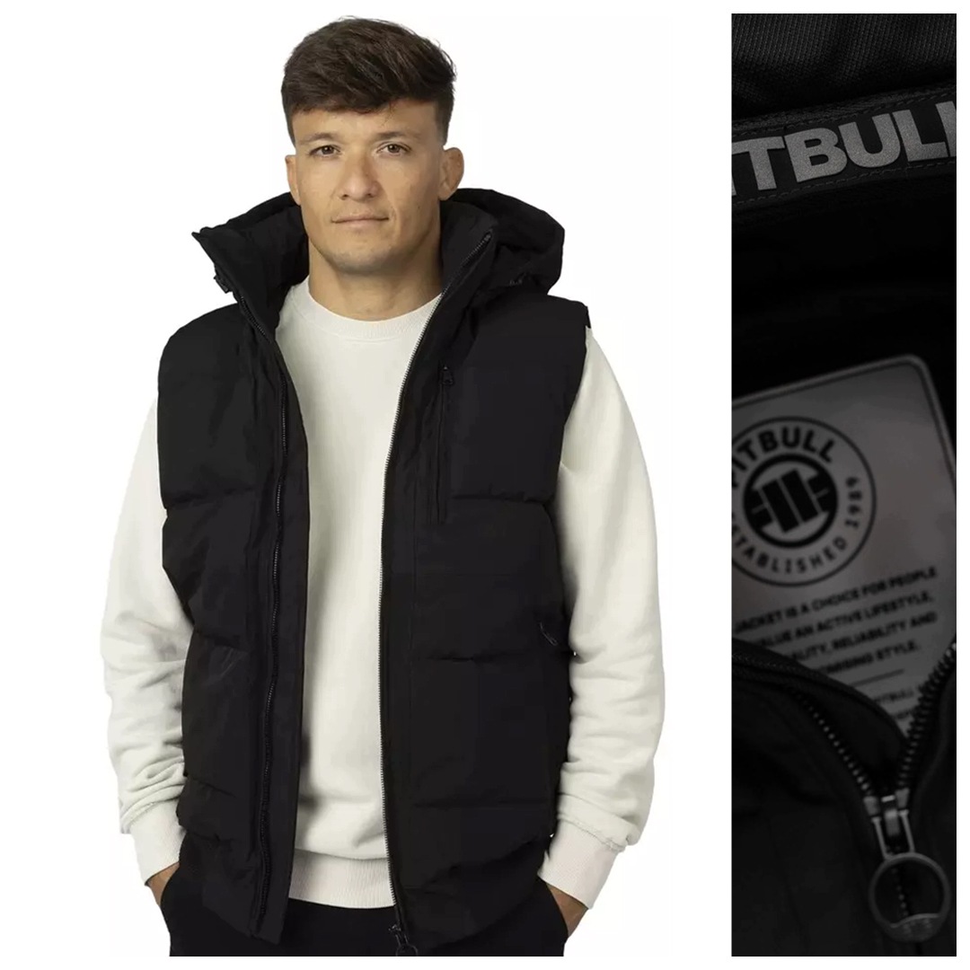 Bunda Bez Rukávů prošívaný s kapucí zateplený Pit Bull "Patton" černý vel. M