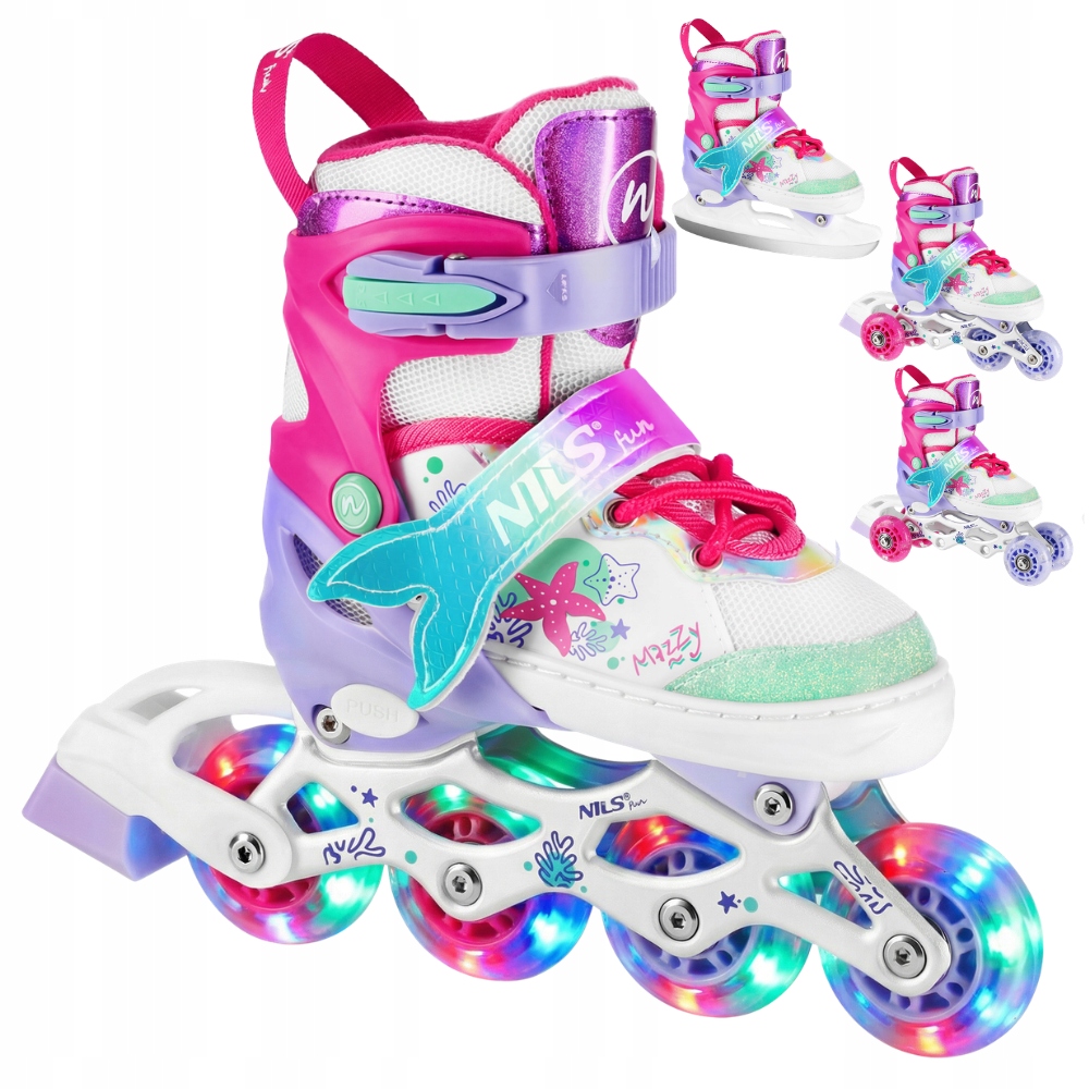 Łyżworolki Rolki Łyżwy Regulowane Dla Dziewczynki Syrenka 4w1 Led 35-38