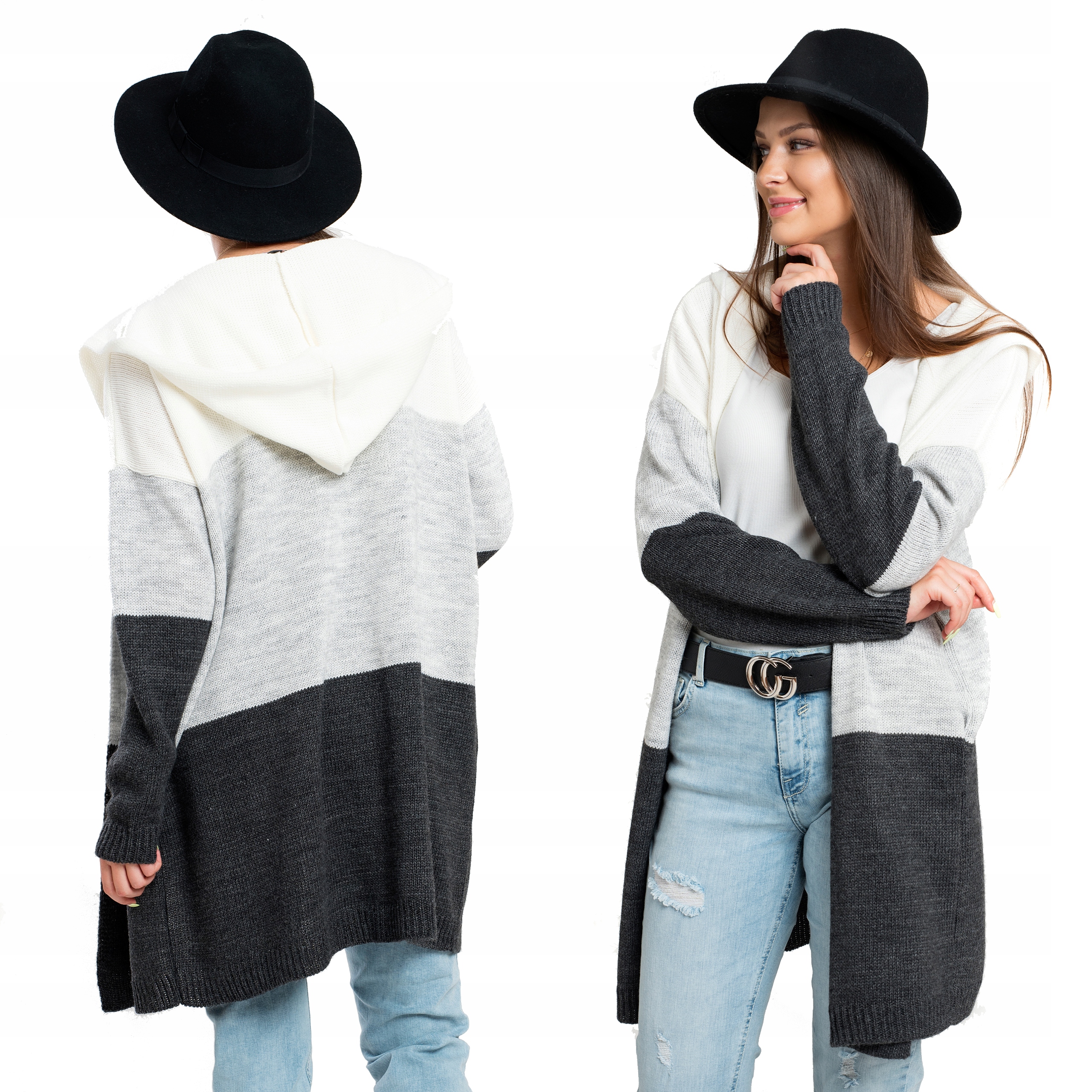 

Trio Kardigan Trzy Pasy Z Kapturem Oversize