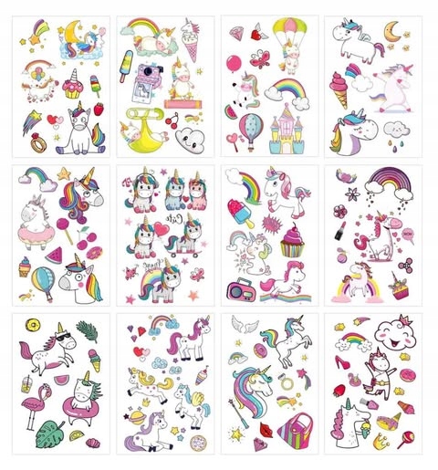 Dočasné tetování Jednorožci pohádkové samolepky pro děti Unicorny 24 arkusů