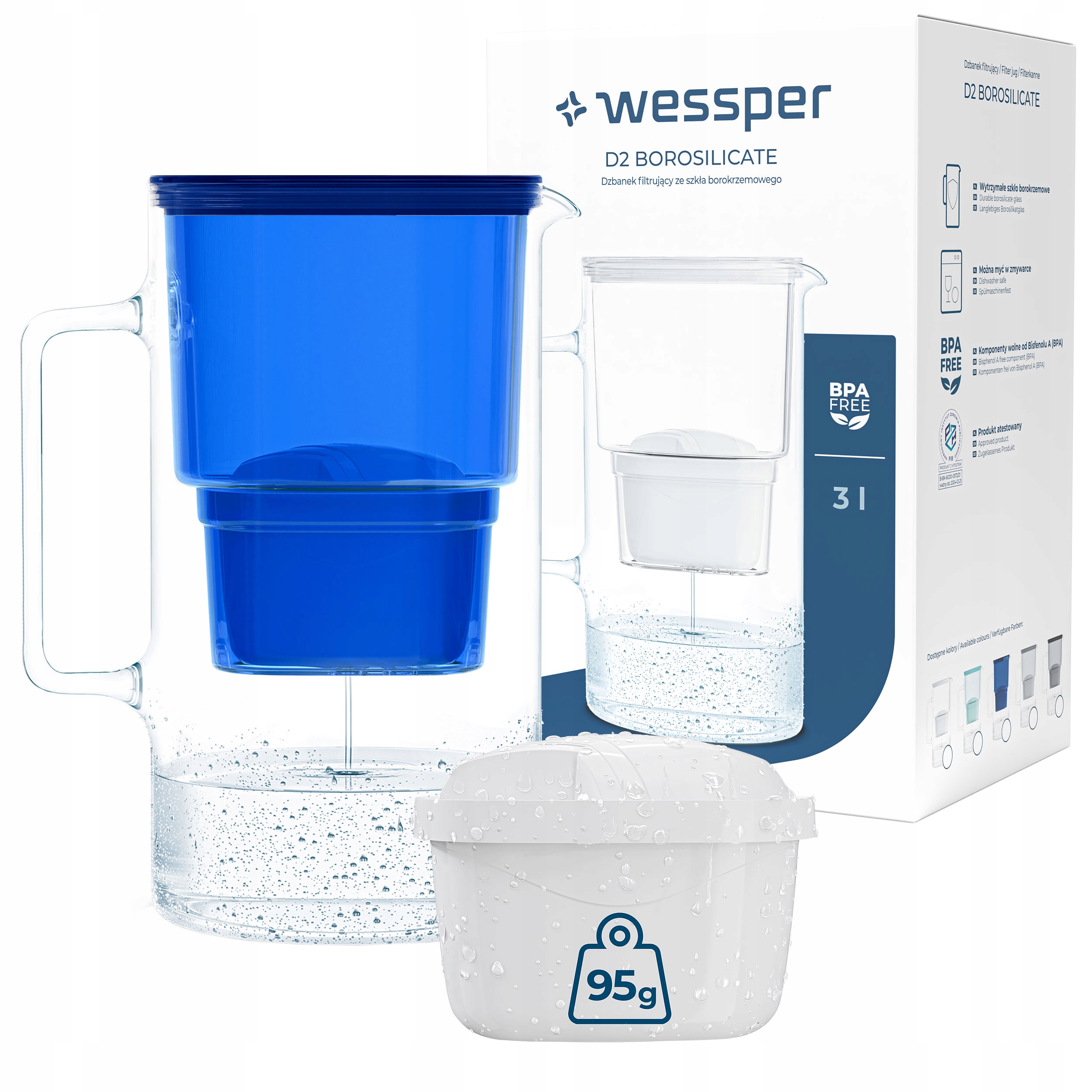 DZBANEK SZKLANY WESSPER D2 BOROSILICATE 3l + 2x FILTR WKŁAD WODY WESSPER