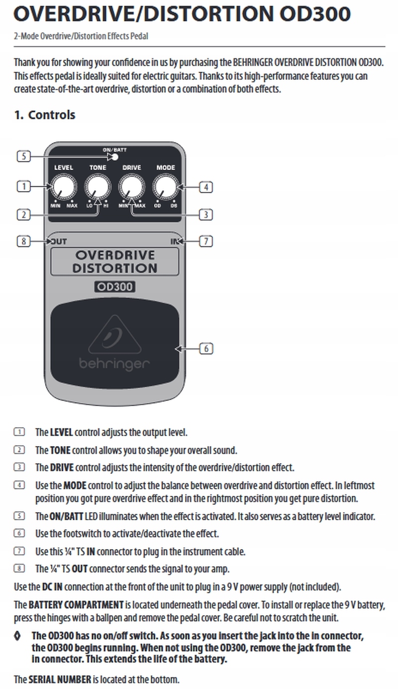 OD300 Overdrive Distortion Efekt podłog gitarowy przester Behringer + KABEL Model OD300