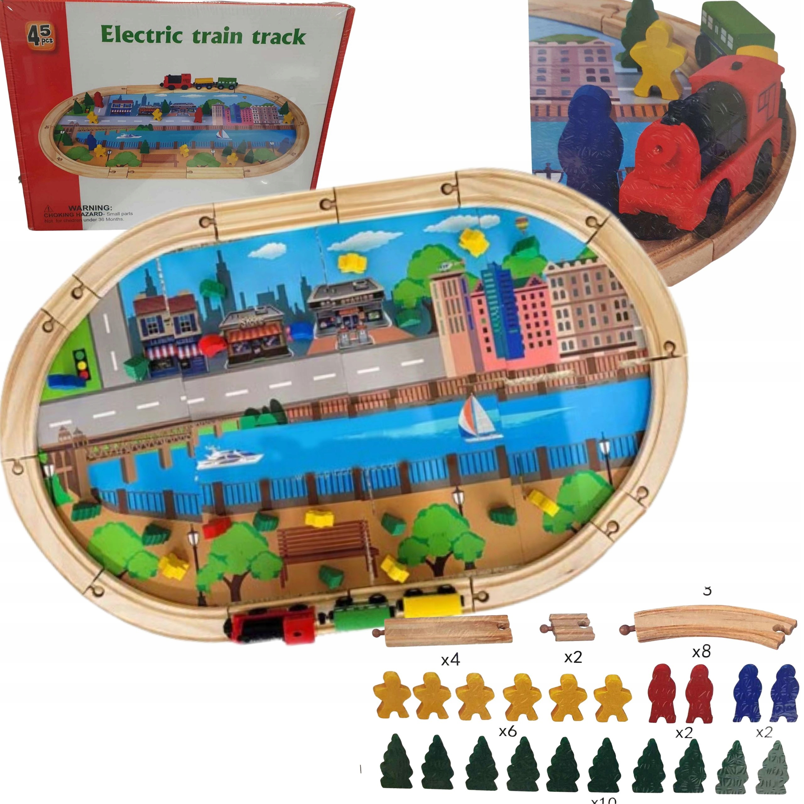 DREWNIANA KOLEJKA Z MATĄ TORY ELEKTRYCZNA CIUCHCIA ZESTAW MOTESSORI