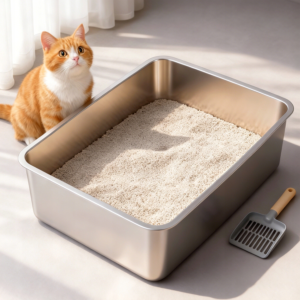 Duża kuweta dla kota na toaleta 60x40cm, wytrzymała stal nierdzewna srebro