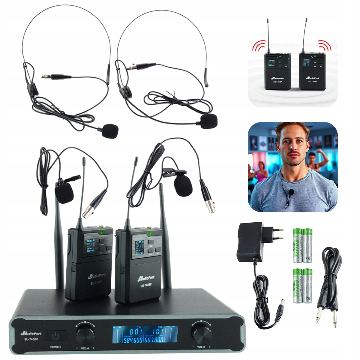 Zestaw mikrofonów bezprzewodowych Uhf 2x nagłowny 2x na klip 2x bodypack