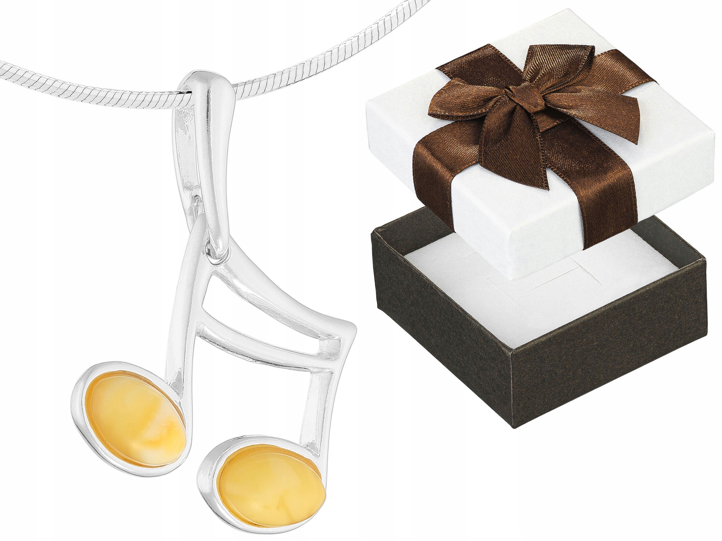 Dlouhý Stříbrný Náhrdelník Nota s Mléčným Jantarem Notička Šestnáctka 50 cm