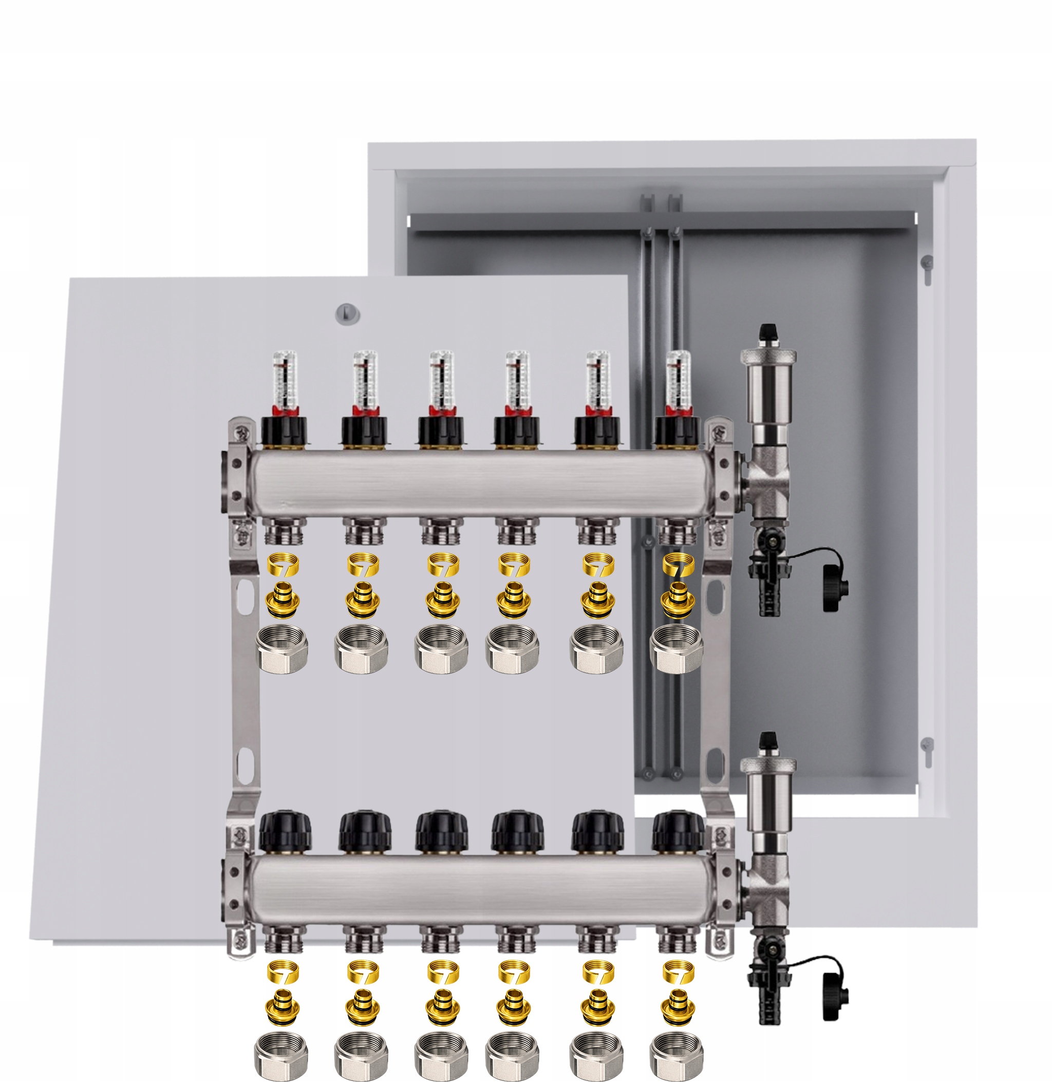 Nerezový rozdělovač pro podlahu 6 okruhů s nástěnnou schránkou Pex