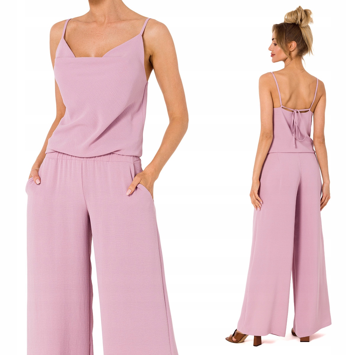 DAMSKI KOMBINEZON KOBIECY ELEGANCKI BEZ RĘKAWÓW PIĘKNY FASON RÓŻOWY 40 L