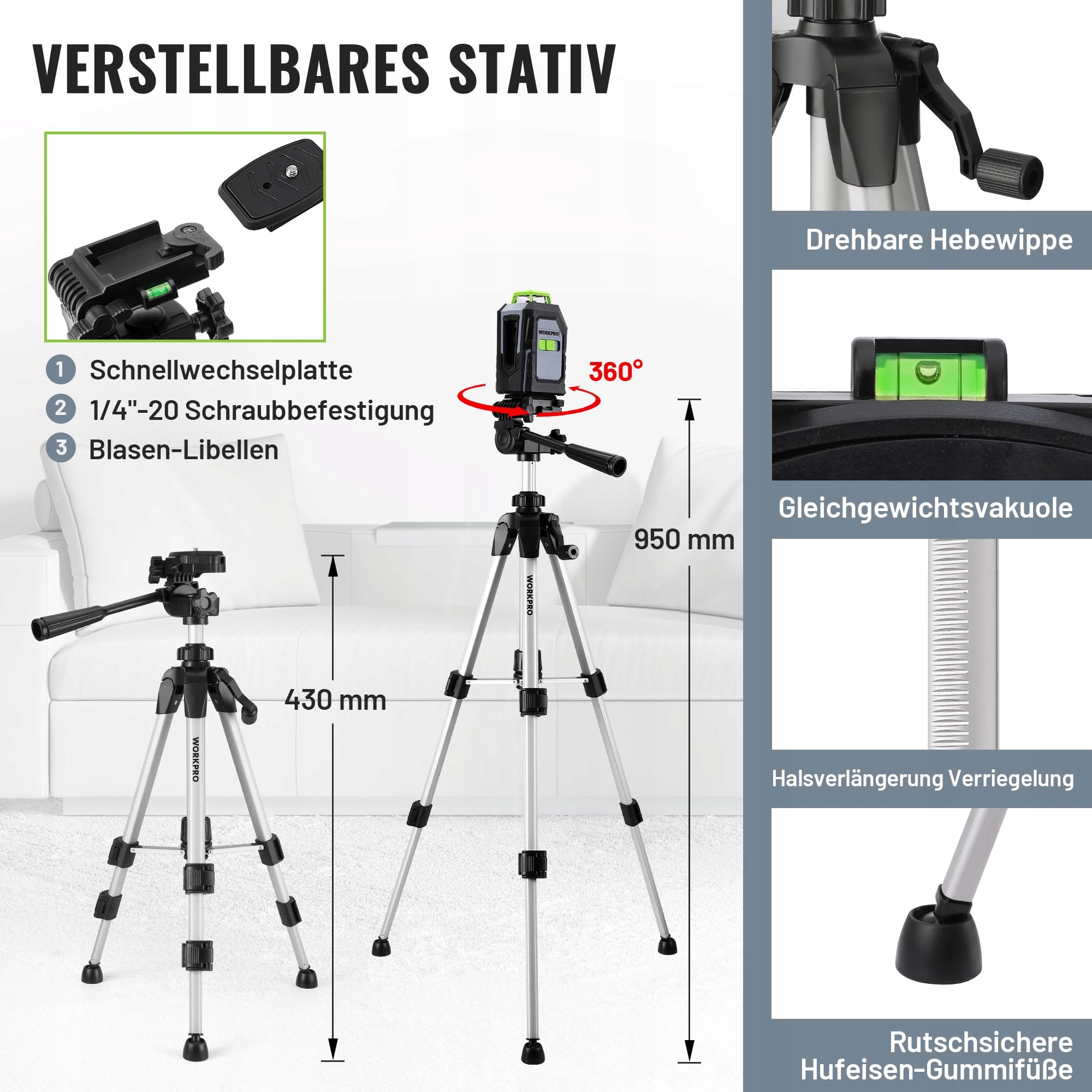 WORKPRO Laser Dalmierz 360 Zielony Krzyżowy 30m Poziomica — miniatura 3