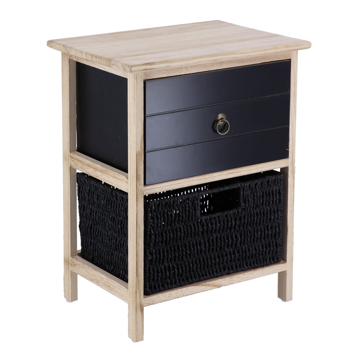 Dřevěná malá polička Azalia s 1 košem, černá, stylová, univerzální, ze zásuvek