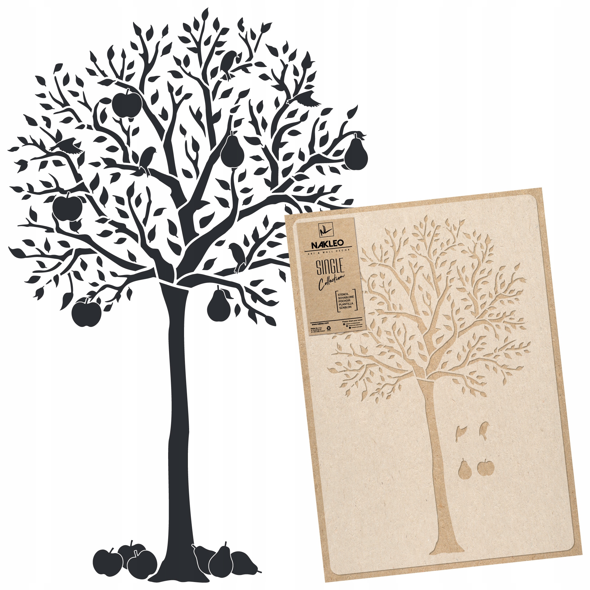 Malířská šablona Vícenásobná XXL 59x95 cm Stromy listy ptáci Dřevo Ovoce