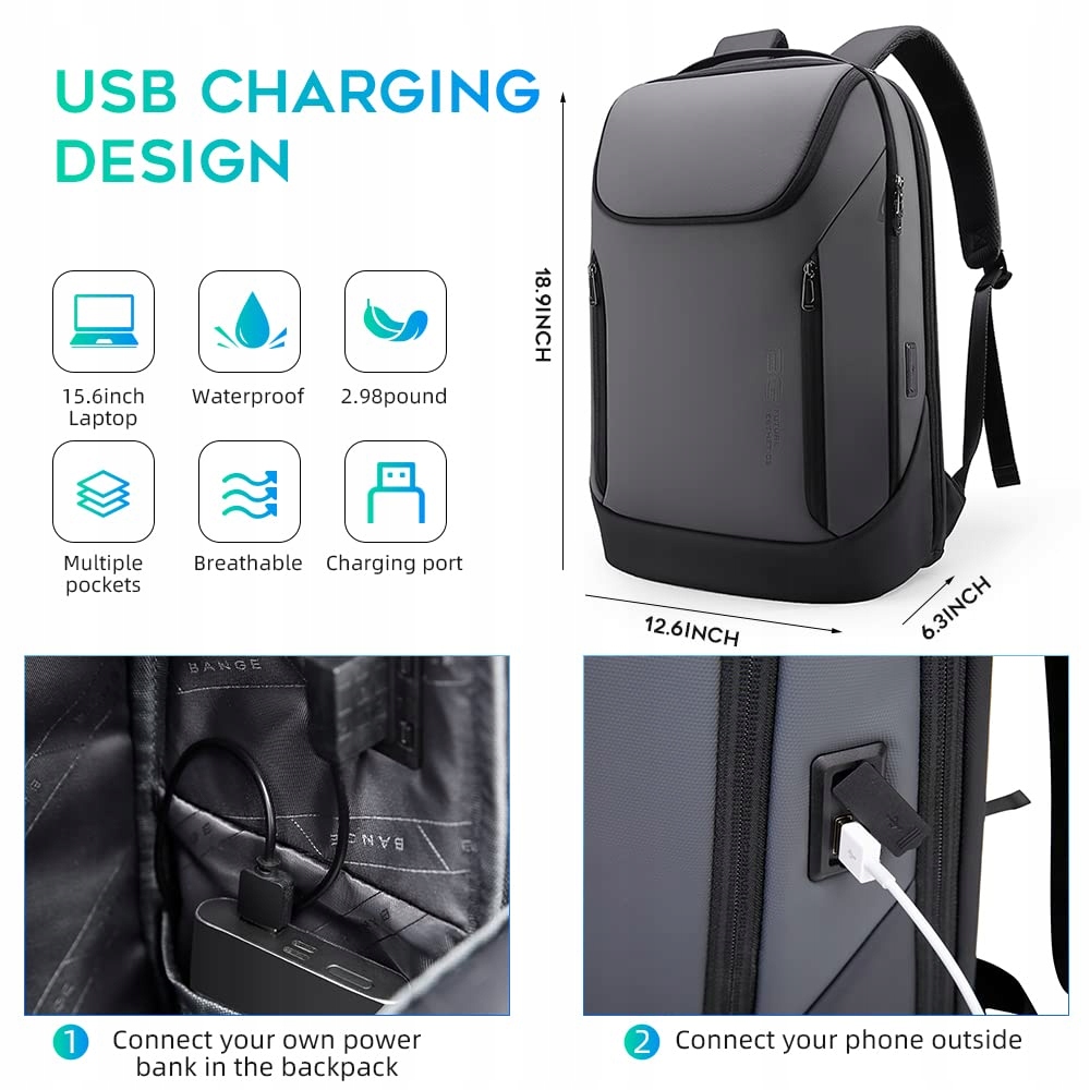 BANGE Plecak Biznesowy Wodoodporny Na Laptop 156 Cal USB Podróżny — miniatura 5