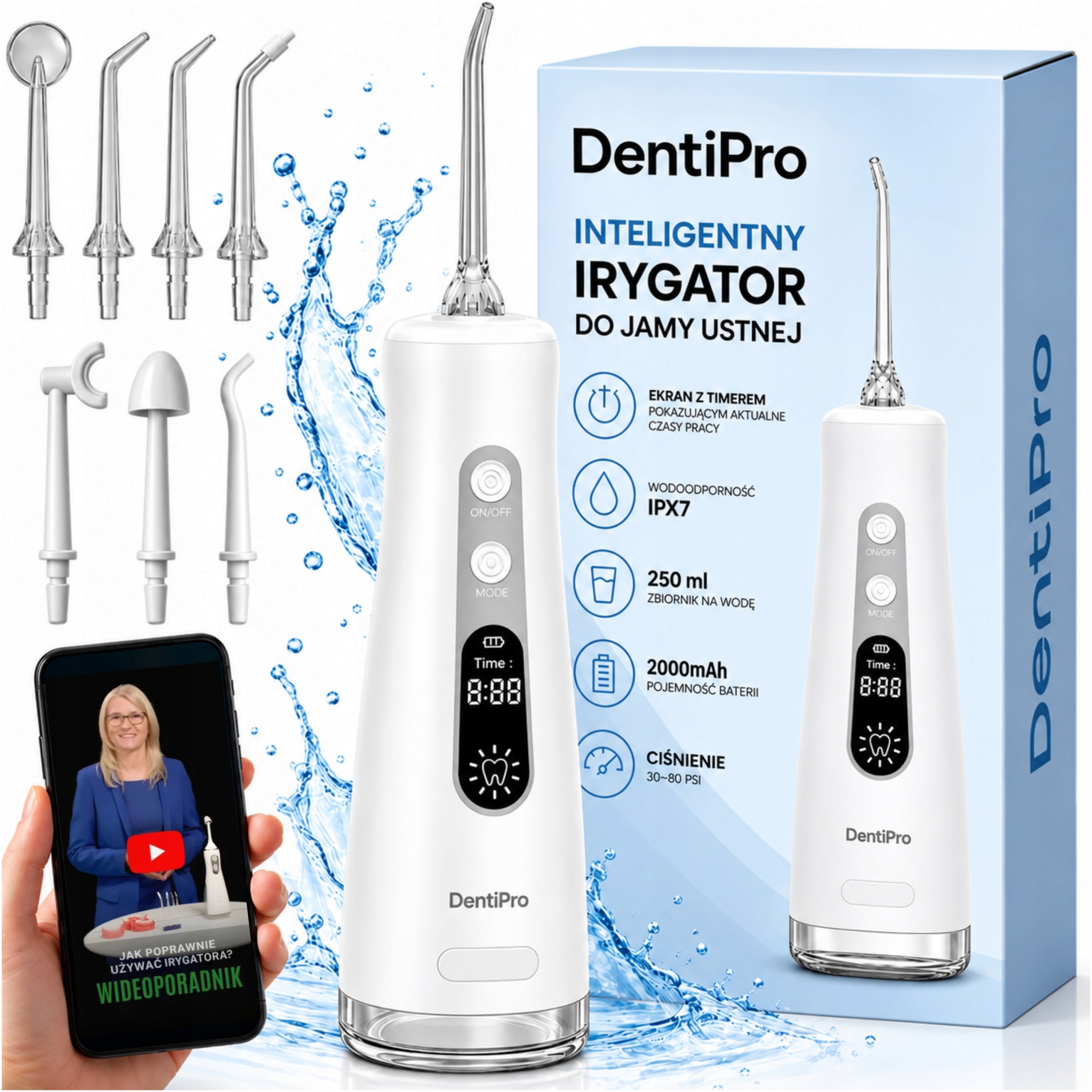 Irygator do Zębów DentiPro 12 Trybów 7 Dysz Bezprzewodowy, Dentystyczny