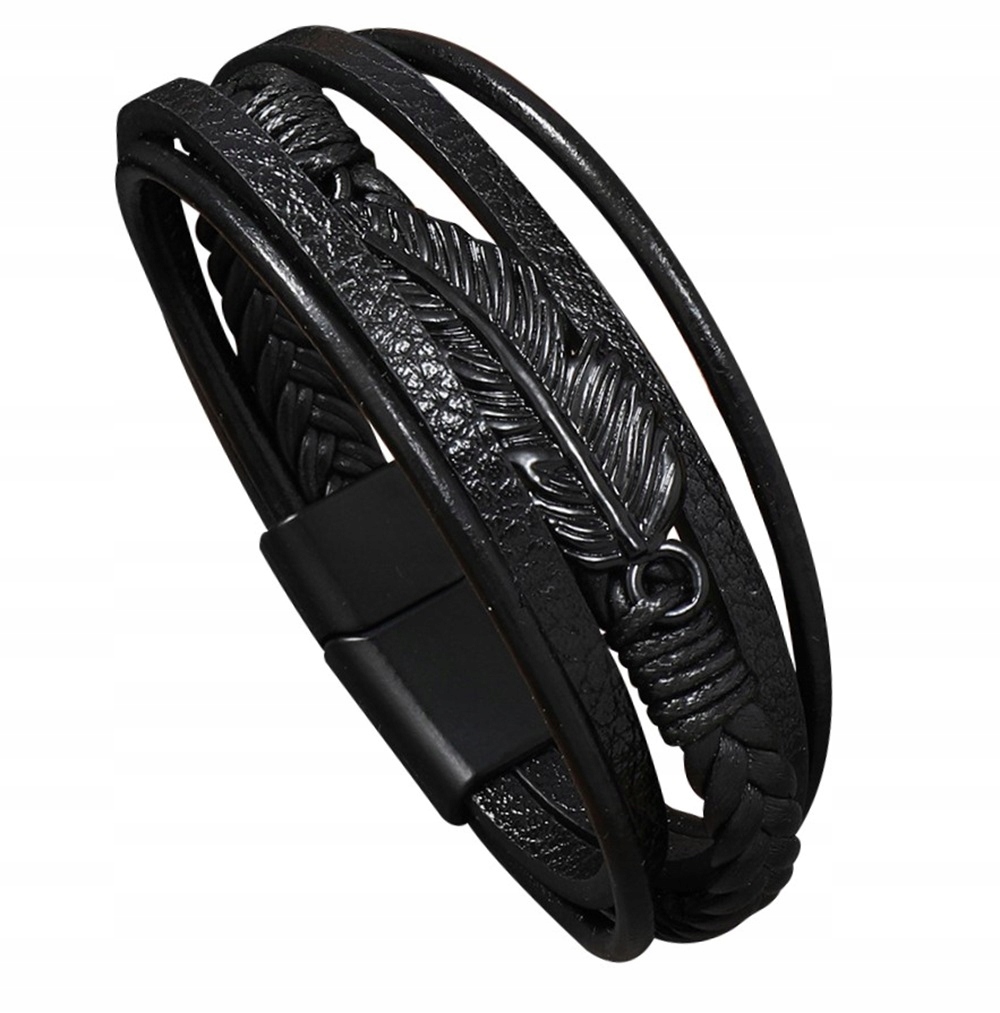 SKÓRZANA BRANSOLETKA MĘSKA RZEMYKI PIÓRKO