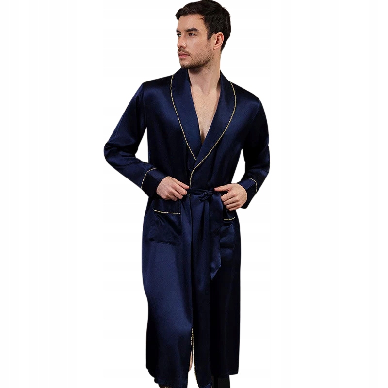 100% hedvábný pánský župan Pyžamo Košile Spodní prádlo Noční Navy Blue M