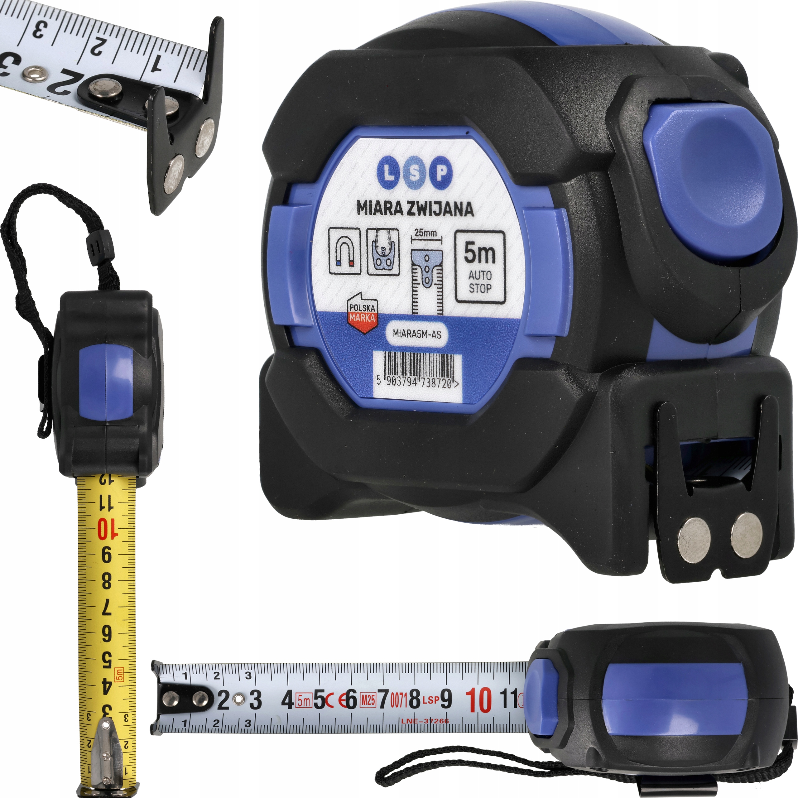 MIARA ZWIJANA 5M 25MM METRÓWKA DWUSTRONNA AUTOSTOP Z MAGNESEM STALOWA LSP